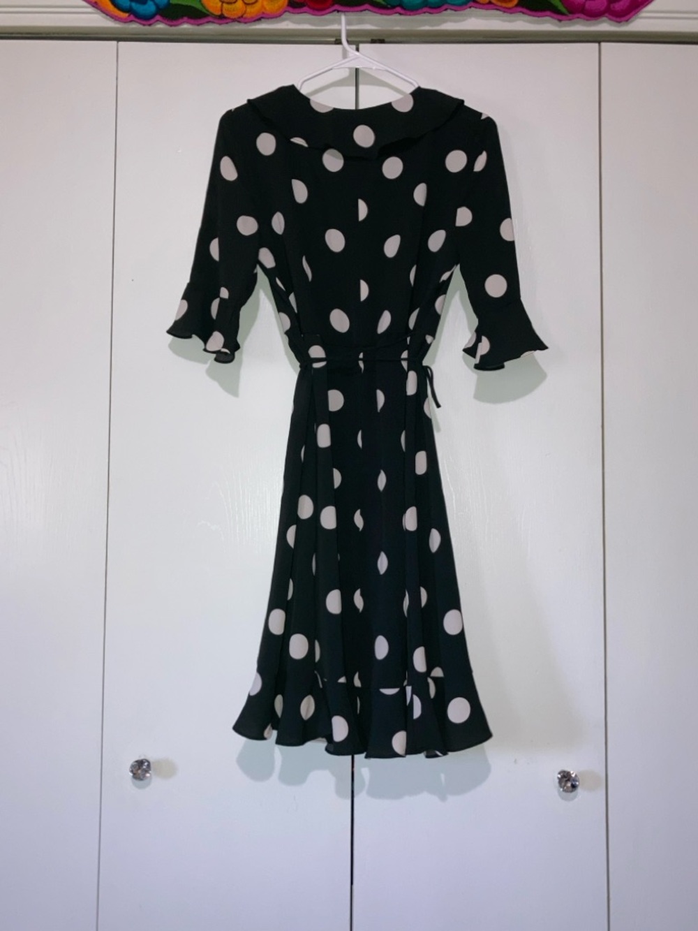 Lily Black Medium Black and White Polka Dot Fit-and-Flare True Wrap Dress Ruffle